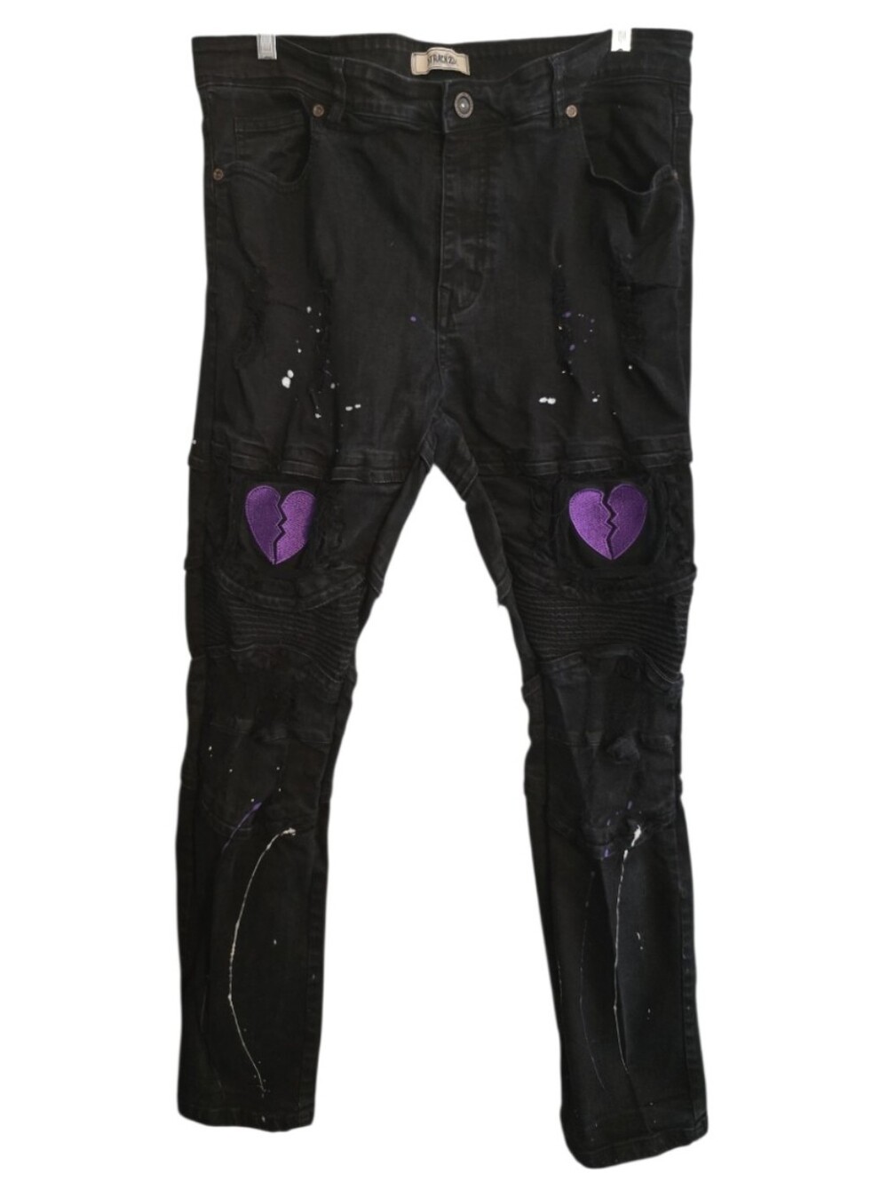 Strack23 Focus Broken Heart Moto Jean w/ Paint Splatter Size 38x32 in EUC